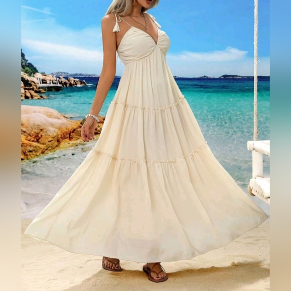 New Boho Tassel Tie Ruched Cami Tiered Maxi Dress Cream Ivory Beige - Picture 3 of 9